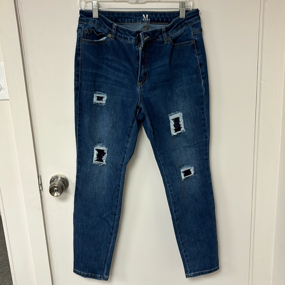 Melanie Lynn Cropped Slim Distressed Sequin Jeans
